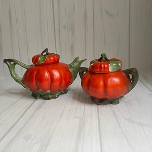 Antique Porcelain Bright Red Tomato Teapot & Sugar Bowl by Royal Bayreuth Bavaria