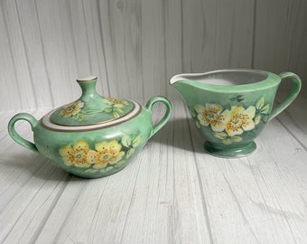 Royal M Oakland 5254 by Saji China Co. Creamer and St. Regis 102 Sugar Bowl with Green Glaze with Painted Flowers
