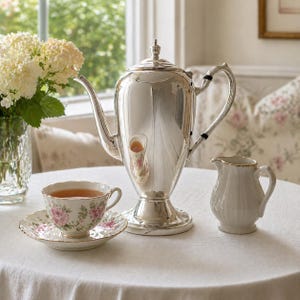 May include: A polished silver coffee pot with a tall, tapered body and a curved handle, accompanied by a white porcelain teacup with a pink rose floral pattern on a matching saucer, and a small white porcelain creamer pitcher with ribbed sides.