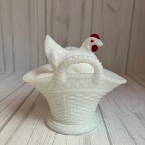 Westmoreland White Milk Glass Hen Chicken & Basket Covered Dish