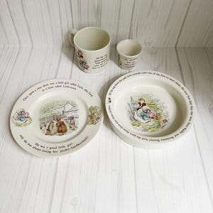 Wedgwood Beatrix Potter &quot;Lucie Breakfast Set&quot;: Includes plate, porridge bowl, cup, and eggcup featuring Mrs. Tiggy-Winkle