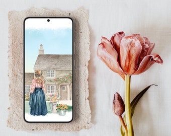 Cottagecore Cottage Girl Digital Phone Wallpaper | Digital Download | Lock Screen | Watercolor Phone Wallpaper Instant Download