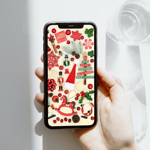 Cute Retro Christmas Decorations Phone Wallpaper | Merry Christmas Instant Download Cell Background |  Grandma's Attic Lock Screen