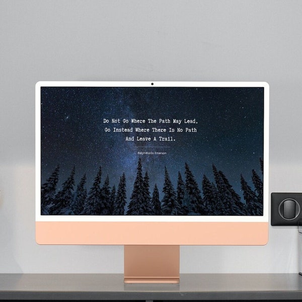 Where the Path My Leads, Night Sky Forest Desktop Wallpaper | Instant Digital Download | Ralph Waldo Emerson Quote