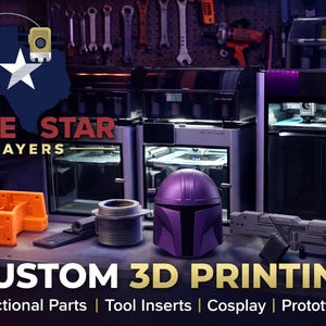 Puede incluir: Imagen que muestra servicios de impresión 3D personalizados. La imagen presenta un casco mandaloriano morado, un bláster y otros objetos impresos en 3D. El texto "LONE STAR LAYERS" y "CUSTOM 3D PRINTING" se muestran de forma destacada, con categorías de servicios.