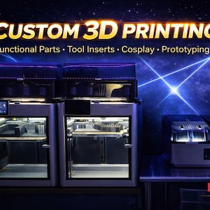 May include: Image promoting custom 3D printing services. The text reads "CUSTOM 3D PRINTING" with subheadings for "Functional Parts, Tool Inserts, Cosplay, Prototyping." Several 3D printers are visible, with a starry background.