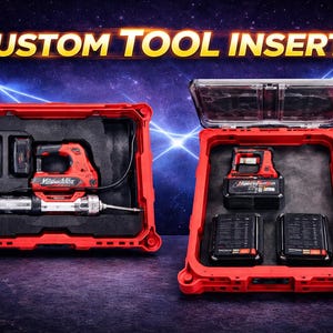 May include: Two red Milwaukee tool cases with custom black foam inserts. The left case holds a red power tool and battery. The right case, with a clear lid, holds a smaller red power tool and two black batteries. Text reads CUSTOM TOOL INSERTS.