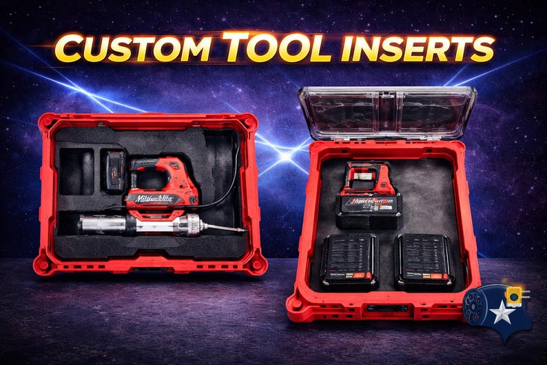 May include: Two red Milwaukee tool cases with custom black foam inserts. The left case holds a red power tool and battery. The right case, with a clear lid, holds a smaller red power tool and two black batteries. Text reads CUSTOM TOOL INSERTS.