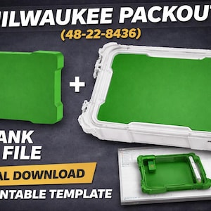 May include: A digital download graphic featuring a green and white Milwaukee Packout container. The image includes the text "MILWAUKEE PACKOUT" and "BLANK STL FILE DIGITAL DOWNLOAD 3D PRINTABLE TEMPLATE".
