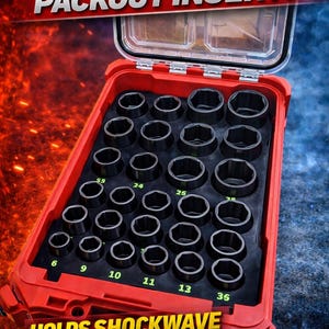 May include: A red Milwaukee Packout insert with a clear lid, containing a black Shockwave 1/2" drive metric socket set. The insert has various sized sockets, with the text "HOLDS SHOCKWAVE 1/2" DRIVE METRIC SOCKET SET" at the bottom.