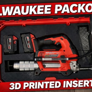 May include: Red Milwaukee Packout case with a 3D printed insert. The case contains a red and black grease gun, two black batteries, and the text "MILWAUKEE PACKOUT" and "3D PRINTED INSERT" in white.