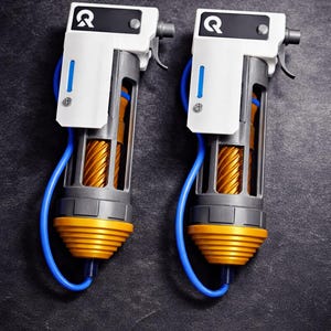 May include: Two handheld devices featuring a white top section with a black square containing a white letter Q, a grey frame, a central gold-colored spiral component, a yellow ribbed base, and a blue cable connecting the top to the bottom.