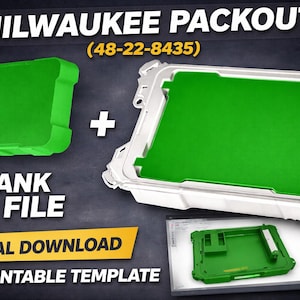 May include: Image of a green and white Milwaukee Packout container with the text "MILWAUKEE PACKOUT" and "BLANK STL FILE". The image also includes a digital download template for 3D printing.