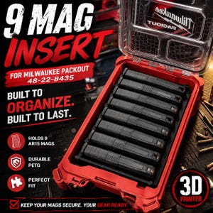 May include: A red 9-mag insert for Milwaukee Packout, holding nine AR15 magazines. The insert is 3D printed and features the text "BUILT TO ORGANIZE. BUILT TO LAST." The clear lid is open, revealing the black magazines inside the red case.