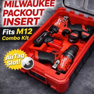 Può includere: Un inserto rosso Milwaukee Packout progettato per un kit combinato M12, dotato di scomparti sagomati su misura per utensili elettrici e batterie. L'inserto include uno slot dedicato per un AirTag, con il testo MILWAUKEE PACKOUT INSERT Fits M12 Combo Kit.