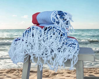 CAMPO- 4th of July pure Cotton Towel – Red White Blue Beach Towel, Lightweight, Soft, Striped with Fringes