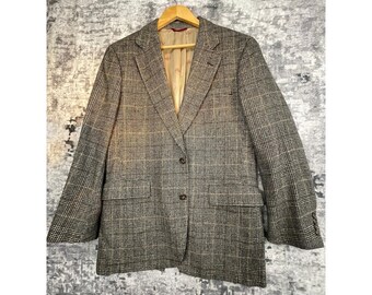 Vtg Joseph A Bank 100% Camel Hair Blazer Mens Est 44L Black Tan Plaid Jacket