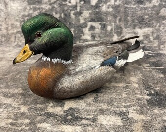 Vtg Carol Burns Signed Hand Carved Wood Mallard Drake Duck Decoy Decor Cabincore