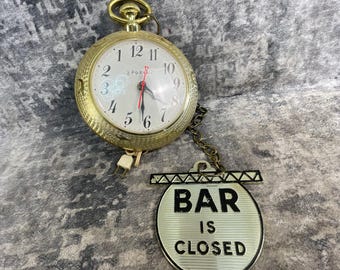 Vtg Spartus Pocket Watch Wall Clock Era Bar Is Open Closed Sign Gold Retro Decor