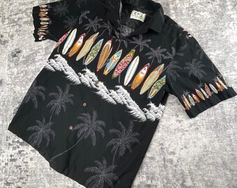 Vtg Ky's Men L Hawaiian Camp Shirt Surfboard Waves Palm Trees Black Cotton