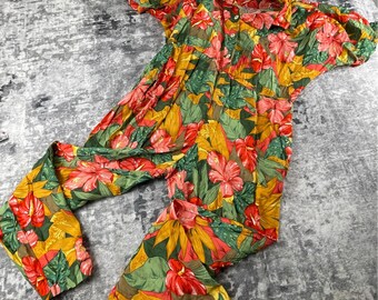 Vtg Carol Anderson Women 12 Jumpsuit Hawaiian Floral Rayon Tropical Made in USA