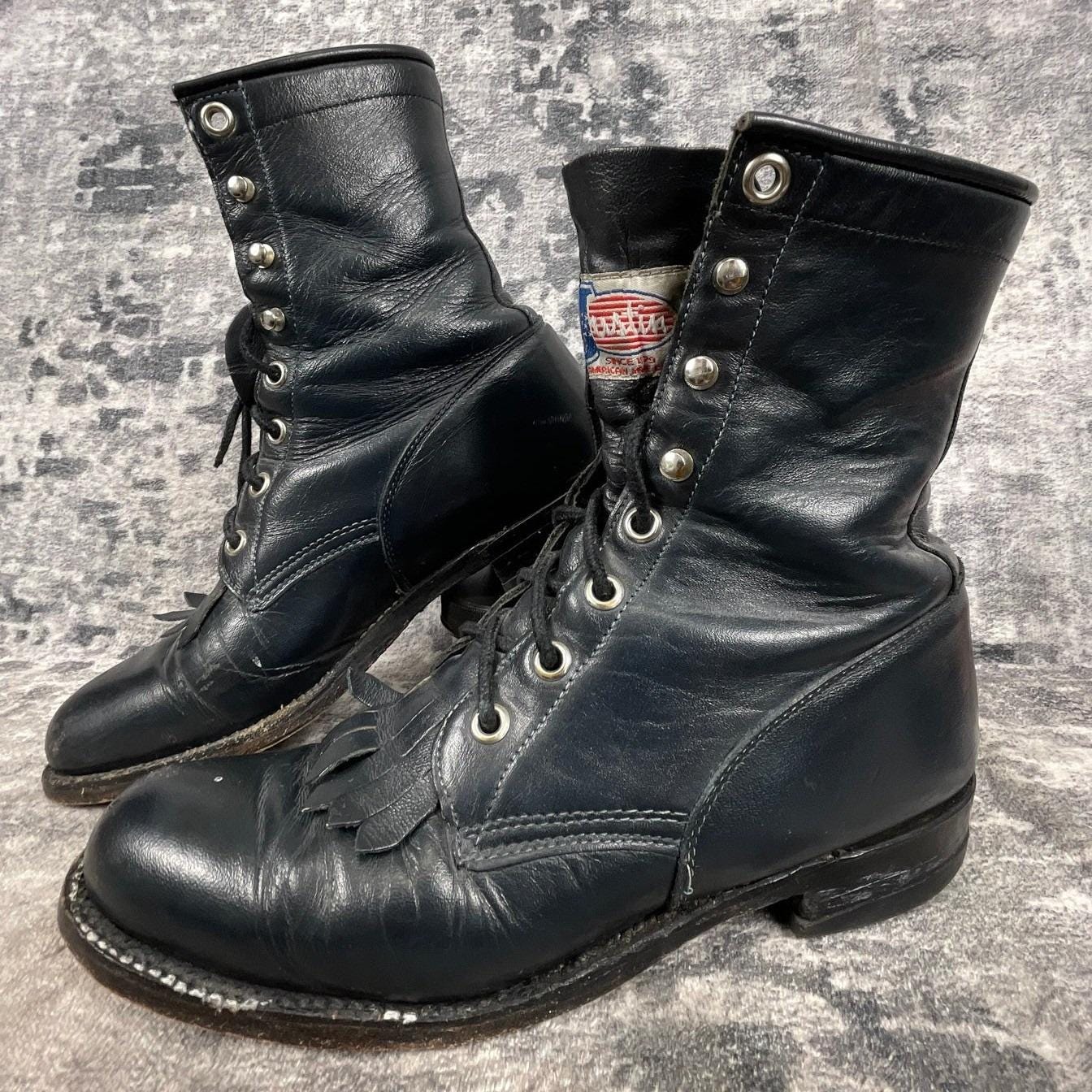 JUSTIN 506 Combat Boots Kiltie Roper Vintage Black Leather Lace Up Men\'s Sz 6.5B Justin Kiltie Boots - Etsy main image 2
