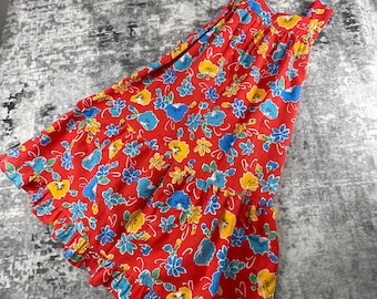 Vtg Holly Gloria Moret Womens M Hawaiian Dress 70s Floral Red Tiered Ruffle USA