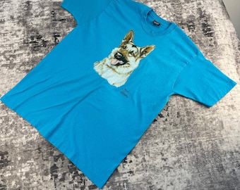 Vtg Fruit of the Loom Mens XL T-shirt 90s German Shepherd Dog Blue Jim Killen