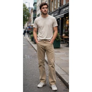 May include: A short-sleeved crew neck t-shirt in a light beige color paired with straight-leg khaki pants. The outfit is completed with white low-top sneakers featuring laces. The clothing items are plain with no visible patterns or logos.