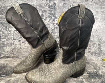 Vtg Nocona Mens 9.5 D Western Cowboy Boots Elephant Print Grey Black USA