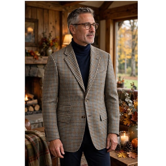 Hickey Freeman, Vtg Hickey Freeman Men 41R Sports Coat Wool Alpaca Houndstooth Beige Brown Navy