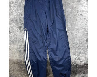 Adidas Men Medium Navy Blue White 3-Stripe Windbreaker Track Pants Joggers Nylon