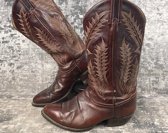 Vtg Tony Lama Mens 8.5 EE Cowboy Boots Brown Leather Stitched Western  USA