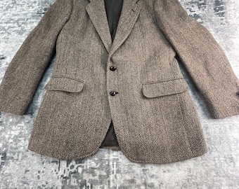Harris Tweed Mens Medium Blazer Herringbone Wool Brown Vtg Academic Jacket