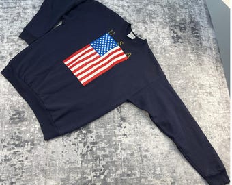 Vtg Hanes Men American Flag Sweater L Navy Blue Gold Americana Patriotic-Core