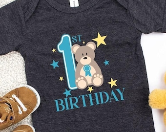Bear First Birthday Bodysuit, 1st Birthday Bodysuit, One Year Old T-shirt, Birthday Party Gifts, Birthday Cake Tee, Kids Birthday Bodysuit