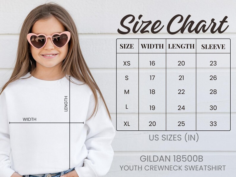 A young girl wearing a white crew neck sweatshirt and pink heart-shaped sunglasses, with a size chart and US sizes provided.