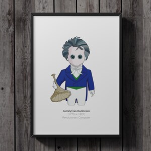 Puede incluir: Impresión enmarcada con una ilustración de dibujos animados de Ludwig van Beethoven. El personaje lleva una chaqueta azul, un chaleco verde y una camisa blanca, sosteniendo un instrumento musical. El texto debajo dice "Ludwig van Beethoven (1770-1827) Revolutionary Composer."