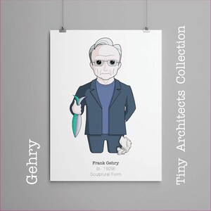 May include: A framed print featuring an illustrated portrait of Frank Gehry, a renowned architect. The artwork depicts Gehry in a dark blue suit, holding a stylized object. The print includes the text "Gehry" and "Tiny Architects Collection."