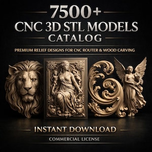 Könnte beinhalten: Ein digitales Katalogcover mit 3D-STL-Modellen für CNC-Fräser und Holzschnitzerei. Das Bild zeigt detaillierte Reliefdesigns, darunter ein Löwenkopf, ein klassisches Relief mit Figuren, eine verzierte Schriftrolle und eine Engelsstatue. Der Text enthält "7500+ CNC 3D STL MODELS CATALOG".