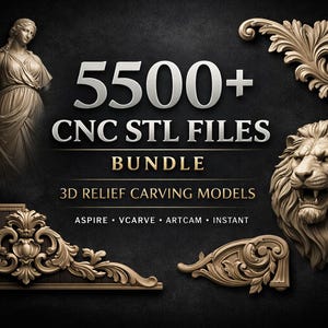 Puede incluir: Un paquete digital de más de 5500 archivos CNC STL para modelos de tallado en relieve 3D. La imagen muestra varios diseños ornamentados, incluyendo una estatua clásica, una cabeza de león y elementos decorativos, todo en color bronce sobre un fondo oscuro.