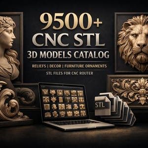 Könnte beinhalten: Ein digitaler Katalog für 3D-Modelle mit dem Text "9500+ CNC STL 3D MODELS CATALOG". Das Bild zeigt einen Laptop mit 3D-Modell-Vorschauen, zusammen mit geschnitzten Reliefskulpturen eines Löwen und einer Frau, und dem Text "STL FILES FOR CNC ROUTER".