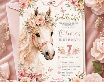 Horse Birthday Invitation, Equestrian Birthday Invite, Horse Riding Party, Editable Canva Template, Watercolor Horse Girl Birthday
