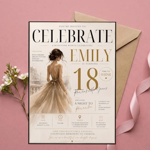 May include: A rectangular invitation card featuring a cream background with black and gold text. It displays an illustration of a person in a gold gown, the name Emily, the number 18, and event details including date, time, venue, and RSVP information.
