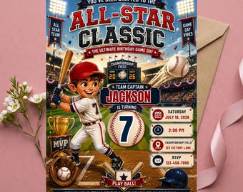 May include: A baseball-themed birthday invitation featuring a cartoon child in a uniform holding a bat. Text reads: YOU'VE BEEN DRAFTED TO THE ALL-STAR CLASSIC, TEAM CAPTAIN JACKSON IS TURNING 7, SATURDAY JULY 18, 2026, 2:00 PM, 123 VICTORY LANE.