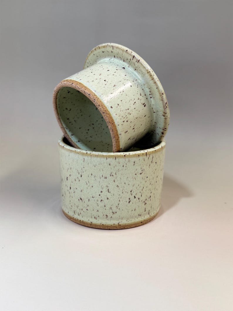 Pu&ograve; includere: Un burriera in ceramica in due pezzi. La base &egrave; un contenitore cilindrico e il coperchio &egrave; un piatto poco profondo. Entrambi i pezzi sono verde chiaro con macchie marroni e un bordo marrone. Il coperchio poggia sulla base.