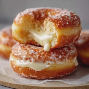 May include: Two glazed doughnuts stacked, with a creamy filling spilling out. The doughnuts are golden brown with a shiny glaze and a dusting of sugar. One doughnut has a bite taken out, revealing the creamy filling.