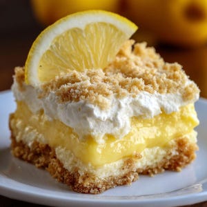 May include: A square slice of lemon dessert on a white plate. The dessert has a crumbly crust, a creamy yellow filling, a layer of whipped cream, and a lemon slice on top. The dessert is a light yellow and white color.