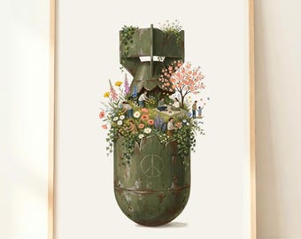Arte murale unica / Stampa botanica stravagante / Arte con il simbolo della pace / Opera d'arte "Giardino della vita" / Decorazione simbolica della natura / Arte contro la guerra