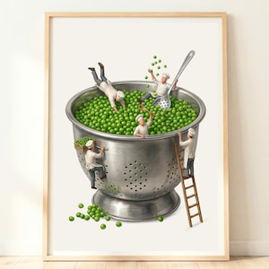 Quadri vegetariani da parete / Arte surreale per la cucina / Stampa di piselli / Decorazioni verdi per la cucina / Opere d'arte stravaganti a tema cibo